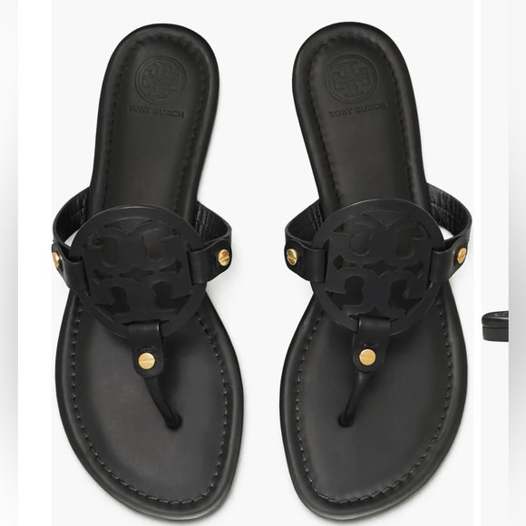 Tory Burch Miller Black Tumbled Leather Slide Sandals - Picture 1 of 6